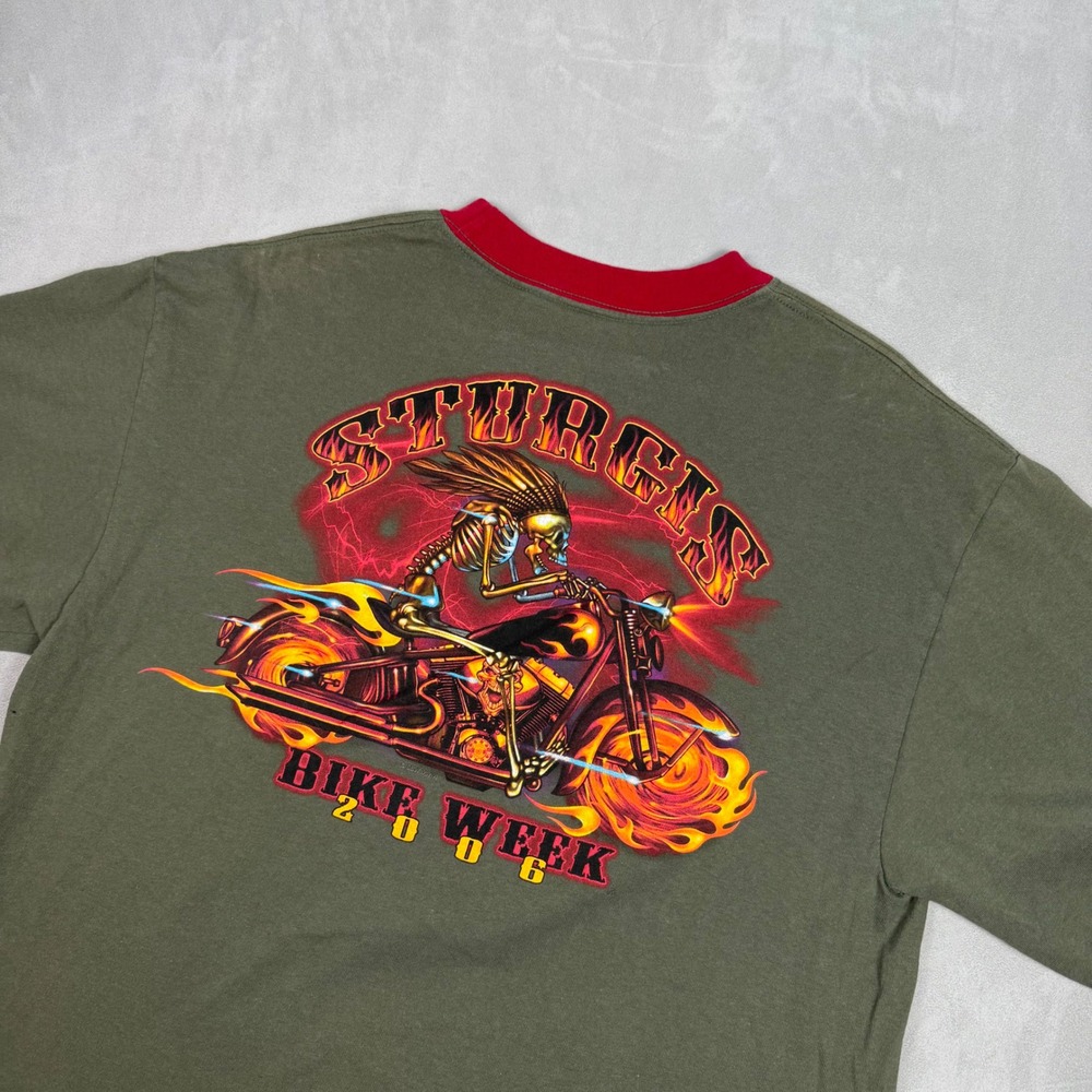 2000s Men Delta Sturgis Bike Week 2006 Graphic Ringer T-Shirt Olive Large - Picture 5 of 7